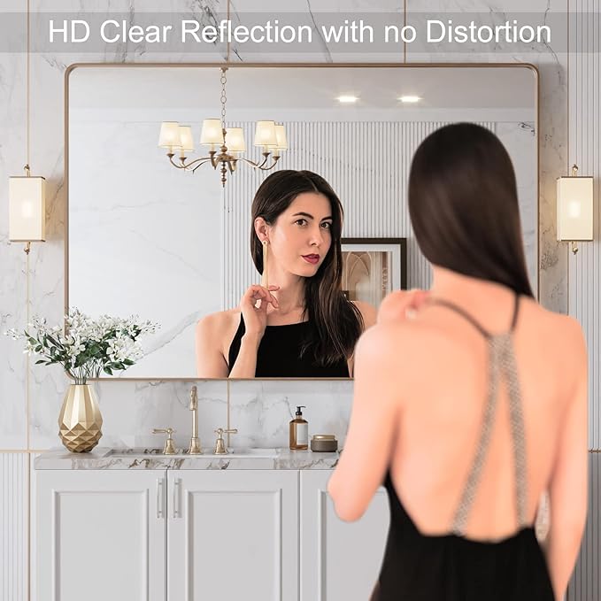 LOAAO 48”X32” Gold Bathroom Mirror, Rounded Rectangle Gold Frame Mirror, Brushed Gold Bathroom Vanity Mirror Wall-Mounted, Anti-Rust, Tempered Glass, Hangs Horizontally or Vertically