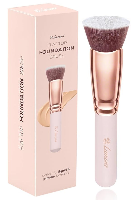 Lamora Flat Top Foundation Brush - Pro Kabuki Brush for Contouring Blending Buffing Stippling Liquid, Cream and Powder Face Makeup