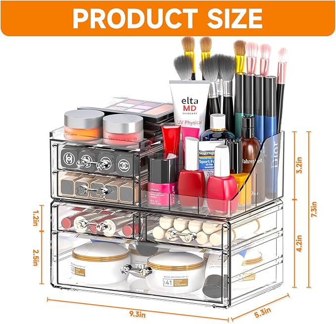 Cq acrylic Clear Make up Organizers for Vanity,Skincare Organizer With 5 Drawers for Dresser,Plastic Cute Desk Accessories Organization and Bathroom Organizers Storage Case Box for Beauty,Skin Care