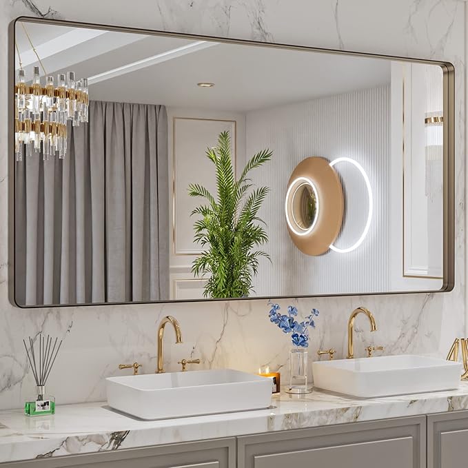 LOAAO 72”X36” Bronze Bathroom Mirrors for Vanity, Rounded Rectangle Brushed Bronze Metal Frame Mirror, Anti-Rust, Tempered Glass, Hangs Horizontally or Vertically