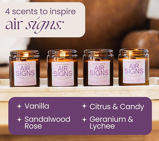 Aquarius, Gemini, Libra Gifts for Women - Wood Wick Candles, 4 Pack Small Candles Set for Women. 6oz Natural Soy Wax, Scented Aromatherapy Set for Home. Zodiac Astrology Birthday Spiritual Gifts