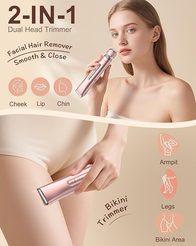Bikini Trimmer for Women – Dual Head Electric Razors for Women, Painless Bikini Shaver & Body Trimmer, Bikini Trimmer for Sensitive Skin, Wet/Dry Electric Shaver for Shower, Beach & Travel
