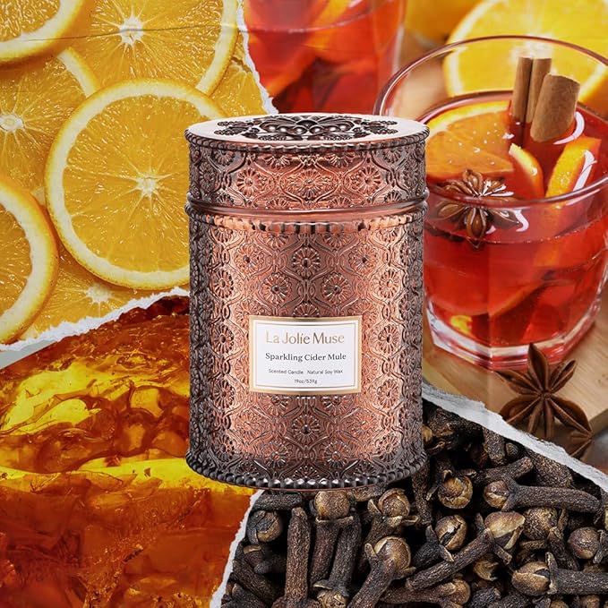 LA JOLIE MUSE Sparkling Cider Mule Candle | Apple Cider, Orange & Amber | 19 oz Wooden Wick | 90-Hour Clean Burn | Vibrant Scent | Gift for Hosts & Tablescapes