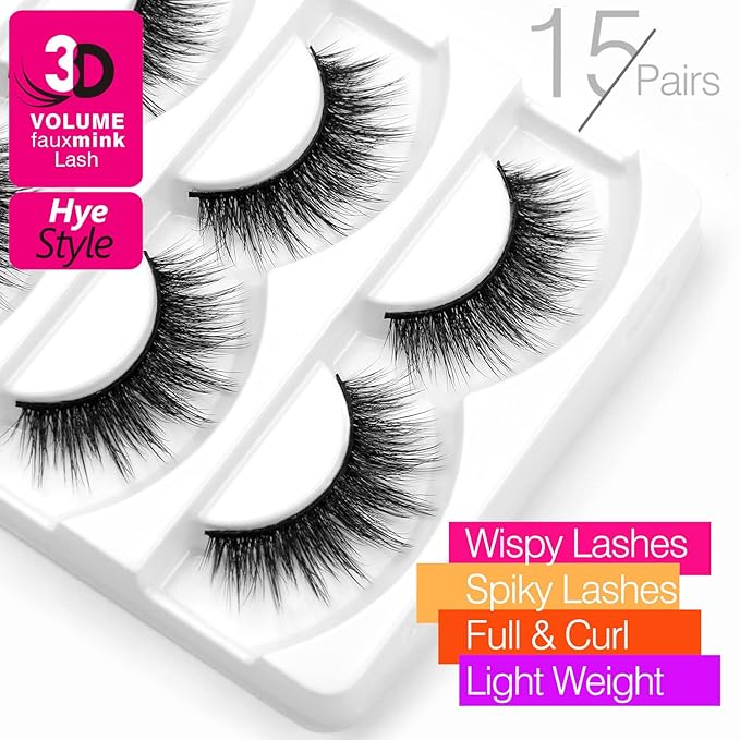 Eliace False Eyelashes Natural look Cat Eye Lashes Wispy Strips 15 Pairs 3D Mink Lashes Fake Eyelashes Faux Fluffy,Winged Fox Eyelashes, Soft Thin Band Comfortable Reusable False Lash 13MM,Hye Style