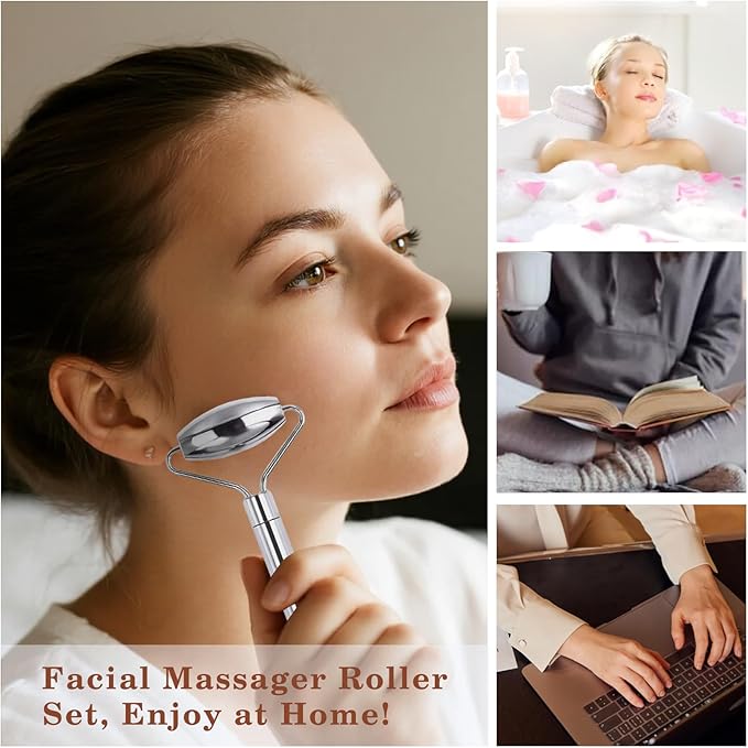 Stainless Steel Gua Sha and Face Roller Set Facial Massager Tools, Lymphatic Drainage Massager Metal Gua Sha Skin Self Care Gifts Face Sculpting Guasha for Body Eyes with Pouch(Silver)