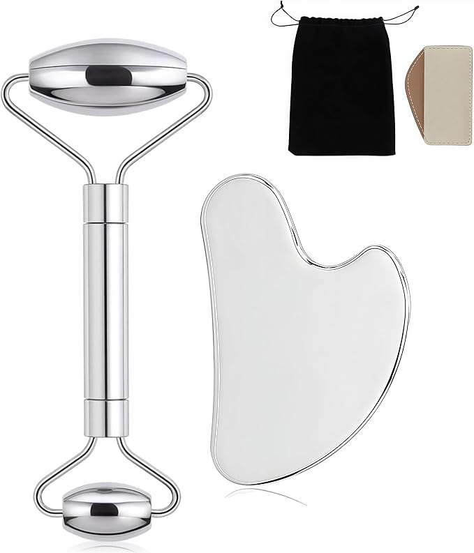 Stainless Steel Gua Sha and Face Roller Set Facial Massager Tools, Lymphatic Drainage Massager Metal Gua Sha Skin Self Care Gifts Face Sculpting Guasha for Body Eyes with Pouch(Silver)