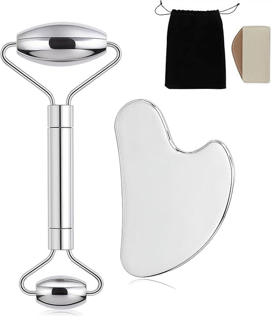 Stainless Steel Gua Sha and Face Roller Set Facial Massager Tools, Lymphatic Drainage Massager Metal Gua Sha Skin Self Care Gifts Face Sculpting Guasha for Body Eyes with Pouch(Silver)