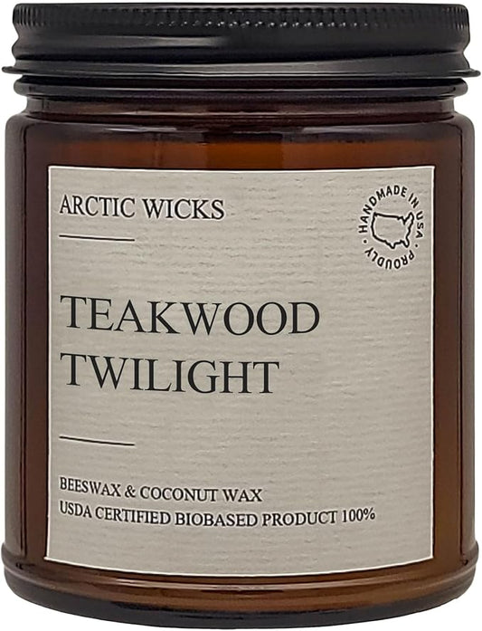 Arctic Wicks Scented Coconut Beeswax Candles | Coconut Beeswax Non Toxic Candle 9oz Amber | Farmhouse Candles Non-Toxic Clean Burn 100% USDA Certified Biobased (Teakwood Twilight)