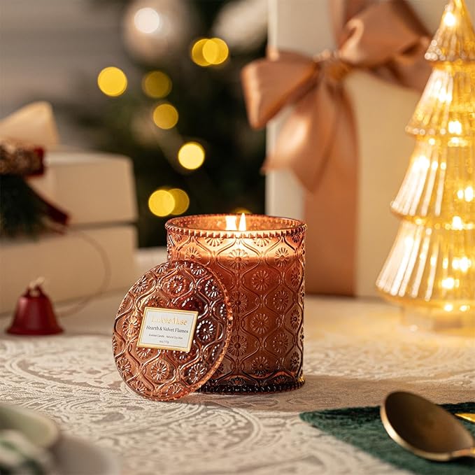 LA JOLIE MUSE Christmas Candle | Hearth & Velvet Flames | Saffron, Clove & Vanilla | 6 oz Natural Soy Wax | 40-Hour Clean Burn | Christmas Gift for Women & Family