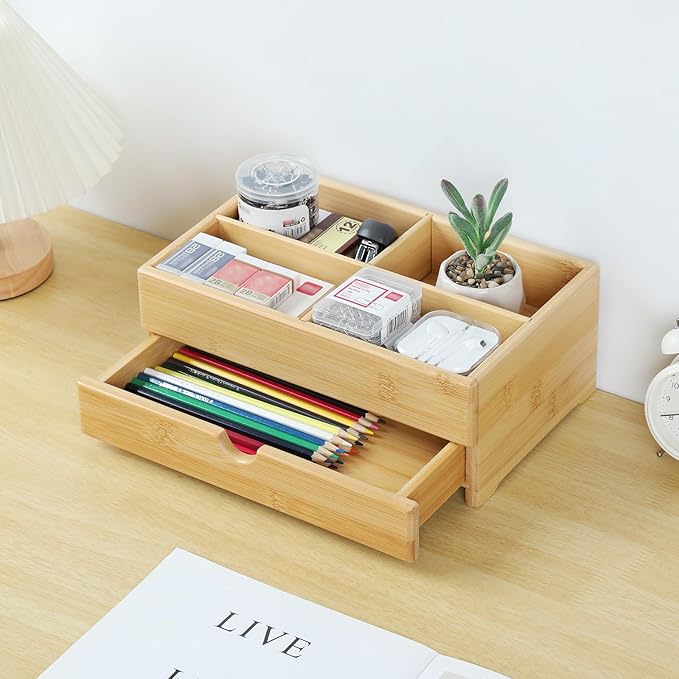 GOBAM Bamboo Makeup Organizer and Storage with Drawer, Wooden Cosmetic Organizer Countertop for Bathroom, Bedroom, Kitchen & Dresser, Desk Organizer with Drawers and Make up Vanity Station - Medium