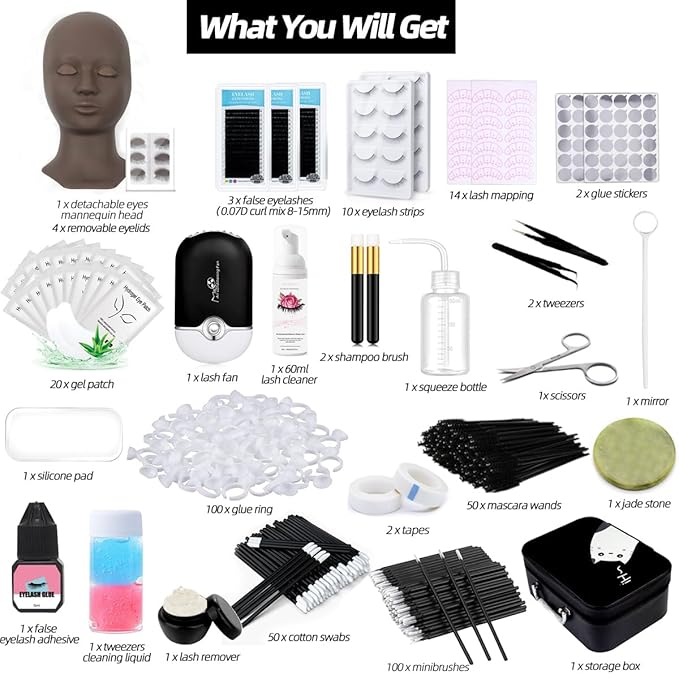 Lash Extension Kit Professional Eyelash Extensions Practice Set with Mannequin Head Removable Eyelids USB Lash Fan Individual False Eyelash Shampoo Brush Glue Practical Tools for Beginners
