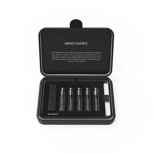 MIND GAMES Amber 5 Piece Olfactive Discovery Set - Designer Perfume Set for Women & Men - Luxury Fragrance Gift Set with Double Attack, Sissa, French Defense, The Forward & Queening