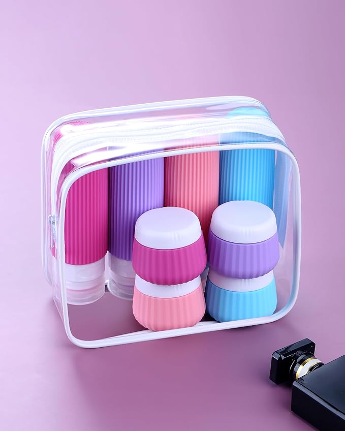 Travel Bottles for Toiletries 8 Pack, Tsa Approved Travel Size Toiletries 3 oz, Travel Containers for Toiletries, with Clear Bag, Leak Proof Silicone Squeezable Travel Essentials Creams Jars