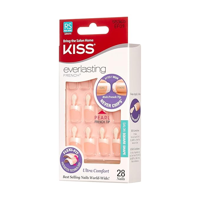Kiss Everlasting French Nail Manicure, Chip-Free, Flexi-Fit Technology, Real Short, "String of Pearls", Nail Kit with Pink Nail Glue (Net Wt. 2g / 0.07oz), Mini File, Manicure Stick, and 28 Fake Nails