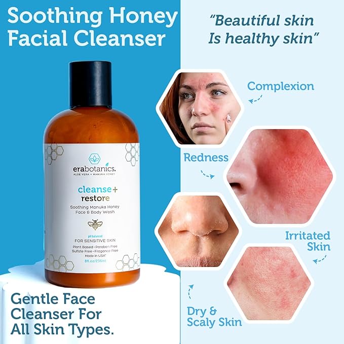 Era Organics Manuka Honey Face Wash for Sensitive Skin - Sulfate Free Gentle Cleanser with Organic Aloe Vera, Hyaluronic Acid & More - Soothing & Moisturizing for Dry Skin - Made in USA (8 oz)