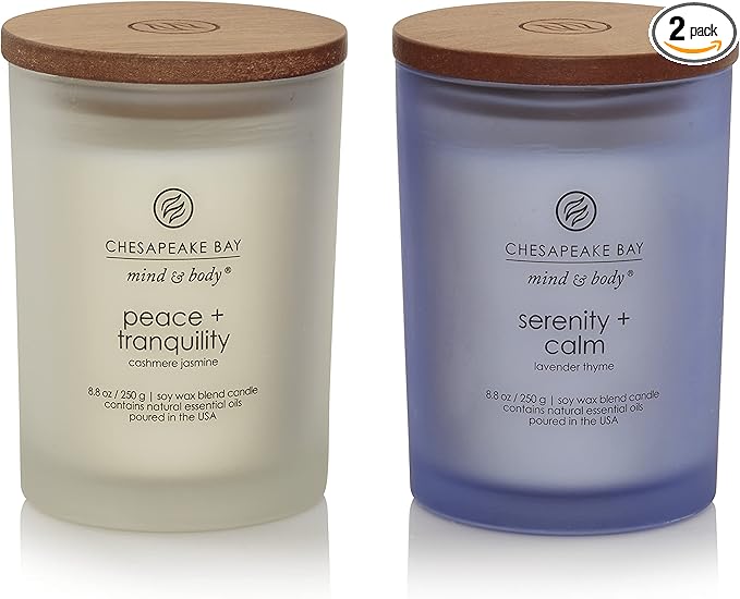 Chesapeake Bay Medium Jar Candles Duo - Peace + Tranquility (Cashmere Jasmine) and Serenity + Calm (Lavender Thyme), Home Decor