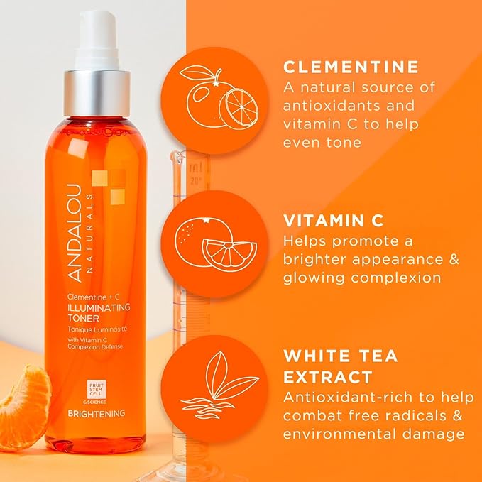 Andalou Naturals Illuminating Facial Toner Clementine + Vitamin C - Hydrating Face Mist Toner to Balance & Refresh Skin - with Fruit Stem Cell Complex Plus Aloe Vera - 6 fl oz