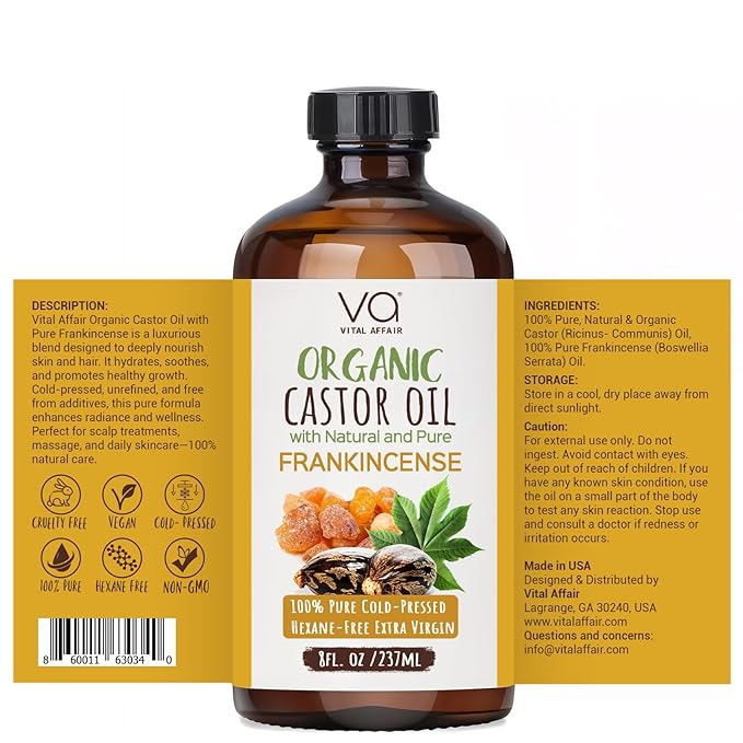 Organic Castor & Frankincense Oil Blend - 100% Pure and Natural, Cold Pressed, Unrefined Glass Bottle Castor and Frankincense Oil For Face & Hair Growth - 8oz