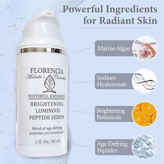 Florencia Brightening Luminous Peptide Serum - Age-Defying Face Serum with Peptides, Sodium Hyaluronate & Organic Botanicals – Helps to Reduce Wrinkles, Illuminate Complexion, 1 Oz