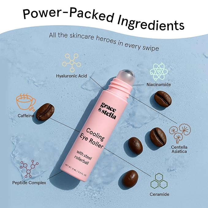 grace & stella Under Eye Brightener with Cooling Metal Rollerball - Ceramide & Caffeine Eye Cream for Puffy Eyes - Travel Size Toiletries - Vegan Skincare (15ml / 0.51floz)