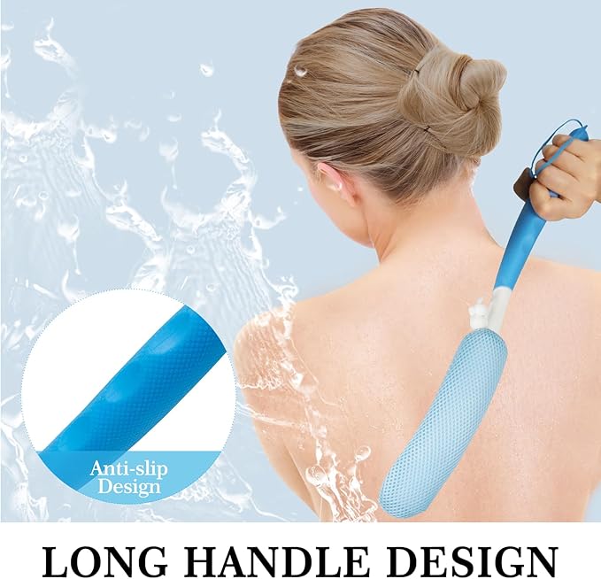 Long-Handle Back Bath Brush, with Anti-Slip Long-Handle Back Scrub net, is Used for Auxiliary Bath and Shower for The Elderly and People with Limited Activities (Blue-White)