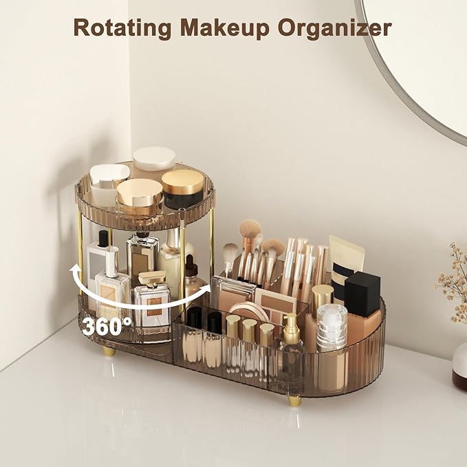 Makeup Organizer Countertop with 360 Rotating Perfume Trays, 7-Divider Vanity Skincare Organizers, Make Up Desk Organization and Storage with Cosmetic Brush Holder for Bedroom Bathroom Counter