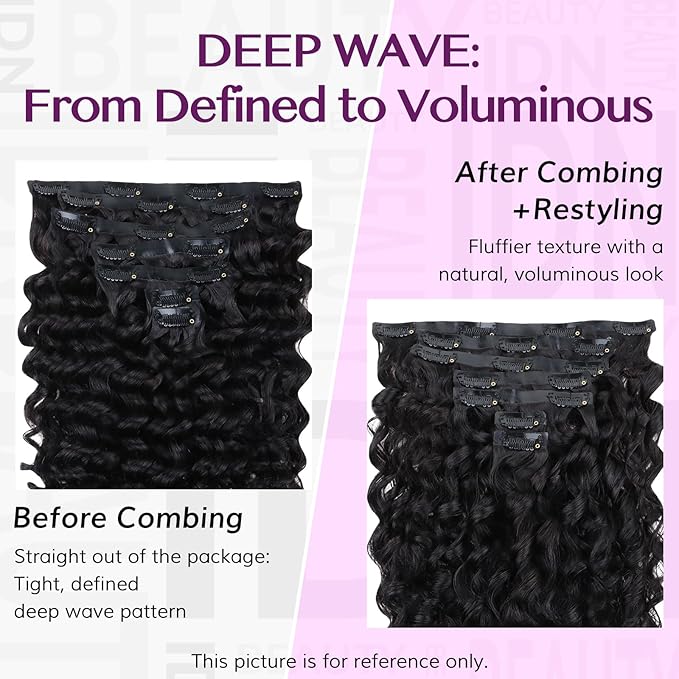 IDN BEAUTY Seamless Clip In Hair Extensions Human Hair Deep Wave Clip ins Virgin Human Hair Seamless Clip Ins For Black Women PU Weft Invisible Edge Thick Soft Hair 110g 7Pcs 24 Inch