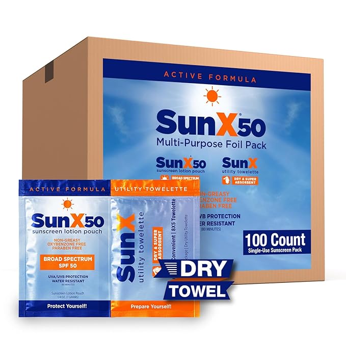 CoreTex Sun X 50 Broad Spectrum Sunscreen Packets & Dry Towels Duo Kit - Pack of 100 Paraben, Oxybenzone, Octinoxate, & Oil Free Sunscreen - No White Cast and Water Resistant Up to 80 Minutes