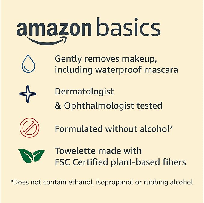 Amazon Basics Makeup Remover Wipes, Gentle Cleansing, Dermatologist Tested, Night Calming, Plant Based, Alcohol-Free, Removes Waterproof Mascara, 25 Count Per Pack, Pack of 2