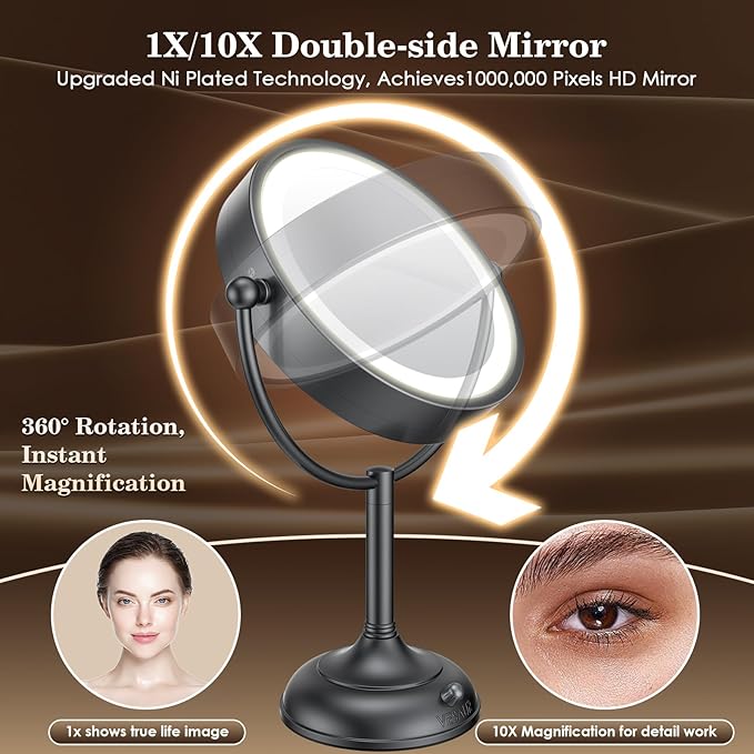 VESAUR Professional 8.5" Lighted Makeup Mirror, 1X/10X Double Sided HD Undistorted Magnifying Mirror with 3 Color 90 Dimmable LED lights, 360° Rotation Vanity Mirror, Unique Black Nickel with Gift Box