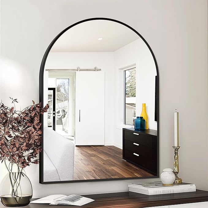 FICTOR Bathroom Vanity Mirror for Wall,40”x30” Large Arched Metal Framed Bathroom Mirror for Over Sink,Entryway, Living Room & Bedroom(Black)