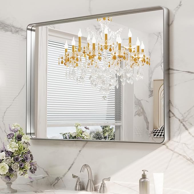 LOAAO 40X30 Inch Brushed Nickel Bathroom Mirror, Rounded Rectangle Silver Metal Frame Mirror, Brushed Nickel, Anti-Rust, Shatter Proof, Hangs Horizontally or Vertically