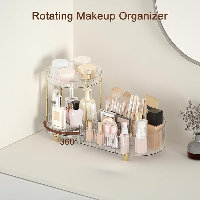 Makeup Organizer Countertop for Vanity, Rotating Perfume Tray with 5-compartment Cosmetic and Skincare Organizers, Multi-Purpose Desk Storage Makeup Brush Holder for Bathroom Bedroom Counter