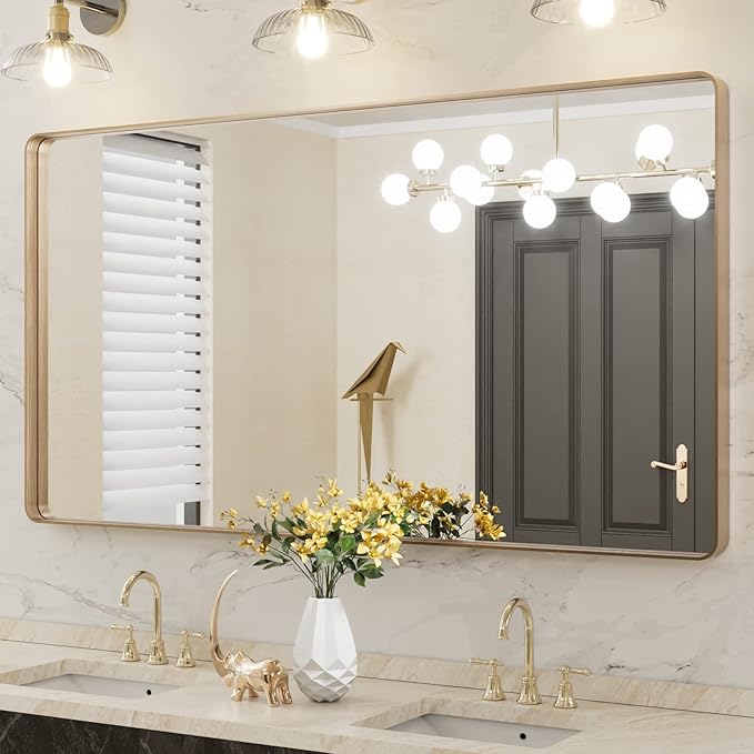 LOAAO 55”X30” Gold Bathroom Mirror, Rounded Rectangle Gold Frame Mirror, Brushed Gold Bathroom Vanity Mirror Wall-Mounted, Anti-Rust, Tempered Glass, Hangs Horizontally or Vertically