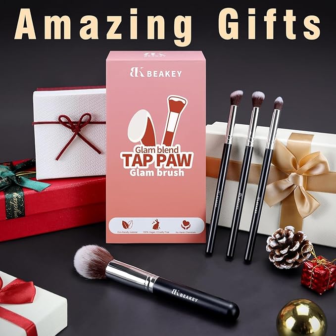 BEAKEY Makeup Brushes Set, Professional Foundation Eyeshadow Concealer Blush Powder Bronzer Applicator, 2 Blender Sponge with Beauty Paper Case stocking stuffers