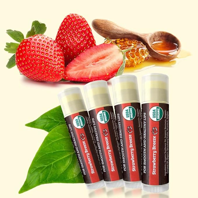 Earth's Daughter USDA Organic Lip Balm 4-Pack Stocking Stuffers Strawberry flavor - Beeswax, Coconut Oil, Vitamin E - Best Lip Repair Chapstick for Dry Cracked Lips.
