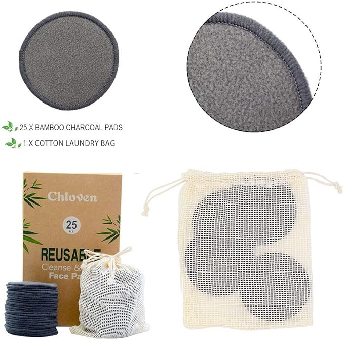 Chloven 25 Pack Charcoal Bamboo Reusable Makeup Remover Pads - Bamboo Reusable Cotton Rounds for Toner, Washable Eco-Friendly Pads for All Skin Types with Cotton Bag for Storage