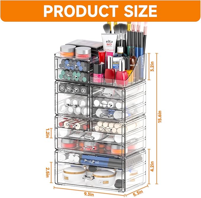 Cq acrylic Clear Make up Organizers for Vanity,Skincare Organizer With 13 Drawers for Dresser,Plastic Cute Desk Accessories Organization and Bathroom Organizers Storage Case Box for Beauty,Skin Care