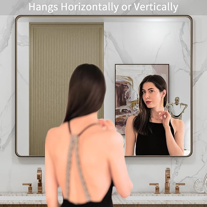 LOAAO 40”X32” Bronze Bathroom Mirrors for Vanity, Rounded Rectangle Brushed Bronze Metal Frame Mirror, Anti-Rust, Tempered Glass, Hangs Horizontally or Vertically