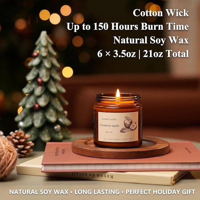 Long Lasting Soy Candles for Home, 6 Pack Holiday Scented Candle Gift Set with Cinnamon Apple, Pumpkin Chai & Vanilla, Natural Aromatherapy Candles, Christmas Gifts for Women