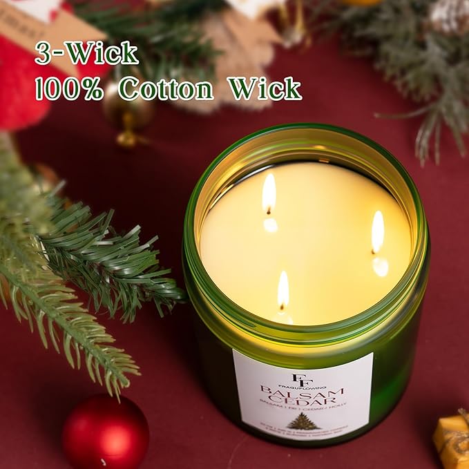 Large Christmas Candle Balsam Cedar Scented, 3-Wick 22oz Long Lasting Scented Candle, Natural Soy Wax Aromatherapy Candle for Home, Holiday Candle Gifts for Women Men