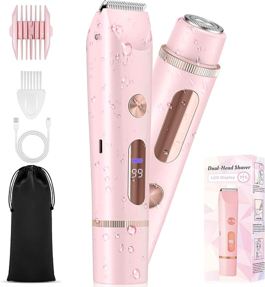 Bikini Trimmer for Women, 2 in 1 Dermave Bikini Shaver with LED Display, Electric Razors for Women, IPX7 Waterproof Wet Dry Use Body Hair Trimmer for Ladies Pubic, Legs, Face, Underarms (Pink)