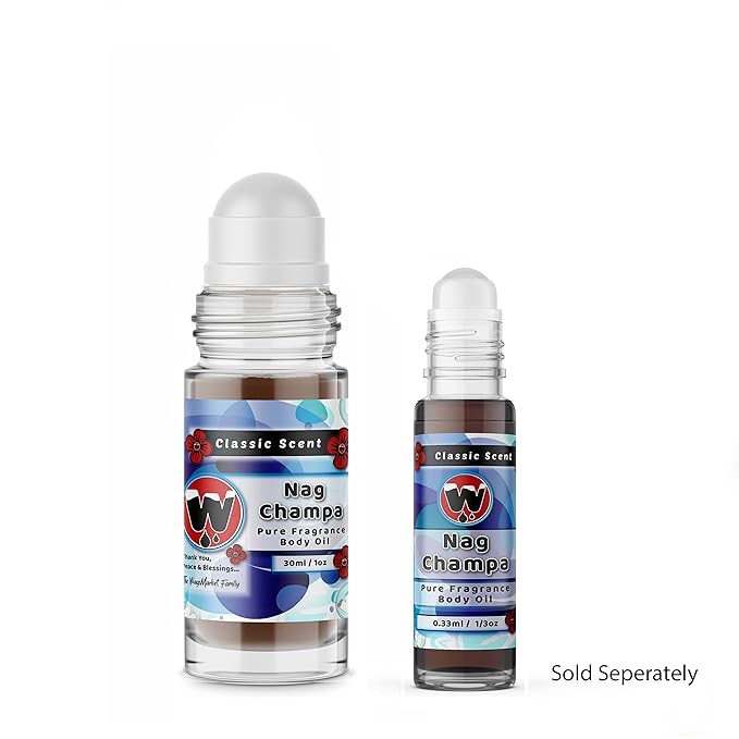 WagsMarket - Nag Champa Perfume Oil, from 0.33oz Roll On to 4oz Glass Bottle (0.33oz Roll On)