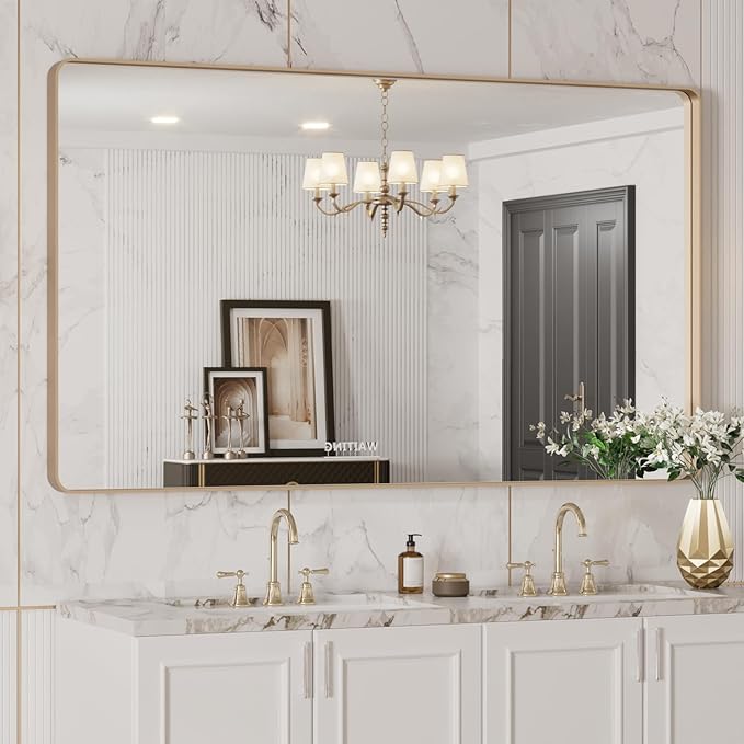 LOAAO 50”X30” Gold Bathroom Mirror, Rounded Rectangle Gold Frame Mirror, Brushed Gold Bathroom Vanity Mirror Wall-Mounted, Anti-Rust, Tempered Glass, Hangs Horizontally or Vertically