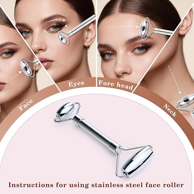 Stainless Steel Gua Sha and Face Roller Set Facial Massager Tools, Lymphatic Drainage Massager Metal Gua Sha Skin Self Care Gifts Face Sculpting Guasha for Body Eyes with Pouch(Silver)