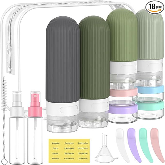 ME.FAN 18 Pack Travel Bottles for Toiletries, TSA Approved Silicone Portable Size Bottle, Refillable Cosmetic Container Kits for Conditioner, Shampoo, Lotion,Face Cream - Desert Sage