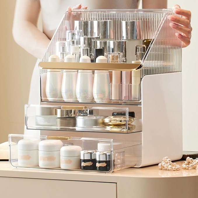 Large Makeup Organizer Countertop Vanity Organizer Case Skin Care Cosmetic Storage Box Bathroom Counter Perfume Skincare Organizers Make Up Caddy Gift Women Girls Clear Design Easy Visibility