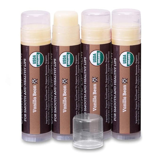 Earth's Daughter USDA Organic Lip Balm 4-Pack Vanilla Flavor - Beeswax, Coconut Oil, Vitamin E - Best Lip Repair Chapstick for Dry Cracked Lips.