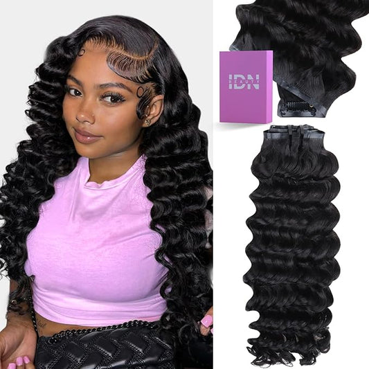 IDN BEAUTY Seamless Clip In Hair Extensions Human Hair Deep Wave Clip ins Virgin Human Hair Seamless Clip Ins For Black Women PU Weft Invisible Edge Thick Soft Hair 110g 7Pcs 14 Inch