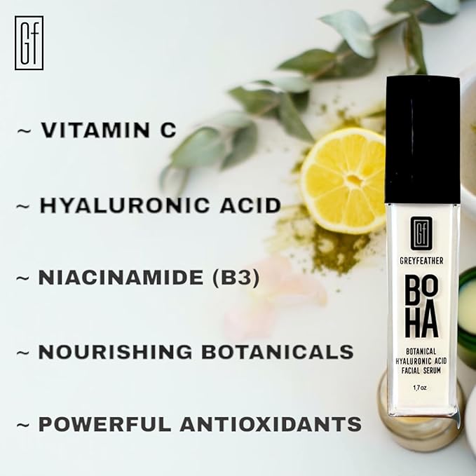 Greyfeather BOHA Hyaluronic Acid Serum for Face – Botanical Hydration with Vitamin C & E – Anti-Aging Facial Serum for Fine Lines, Wrinkles, Dry Skin – Vegan & Fragrance-Free, 1.7oz